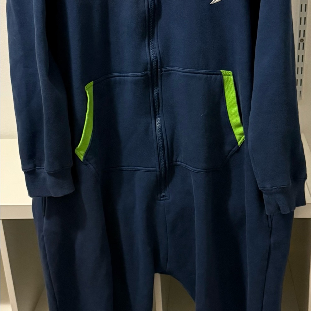 Adult XL NFL Seattle Seahawks Navy Blue Hooded  Onesie with Green Accents